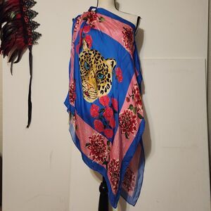Verandah Blue & Pink Leopard Face Multi Way Scarf Blouse Poncho Top